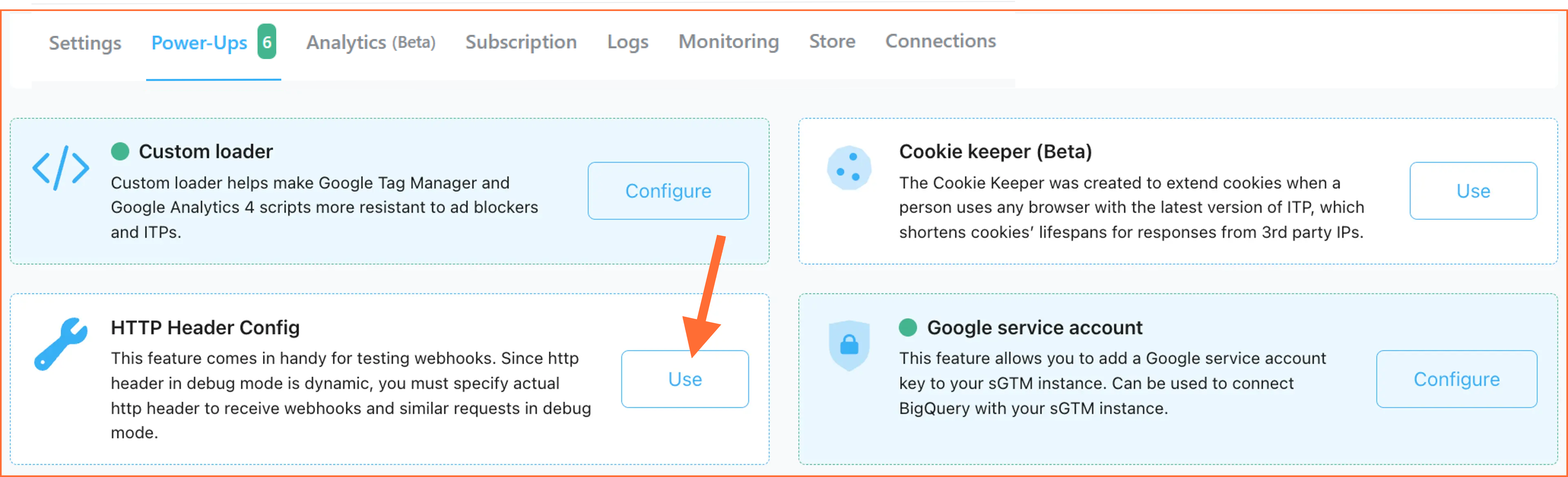 http header config power-up at stape