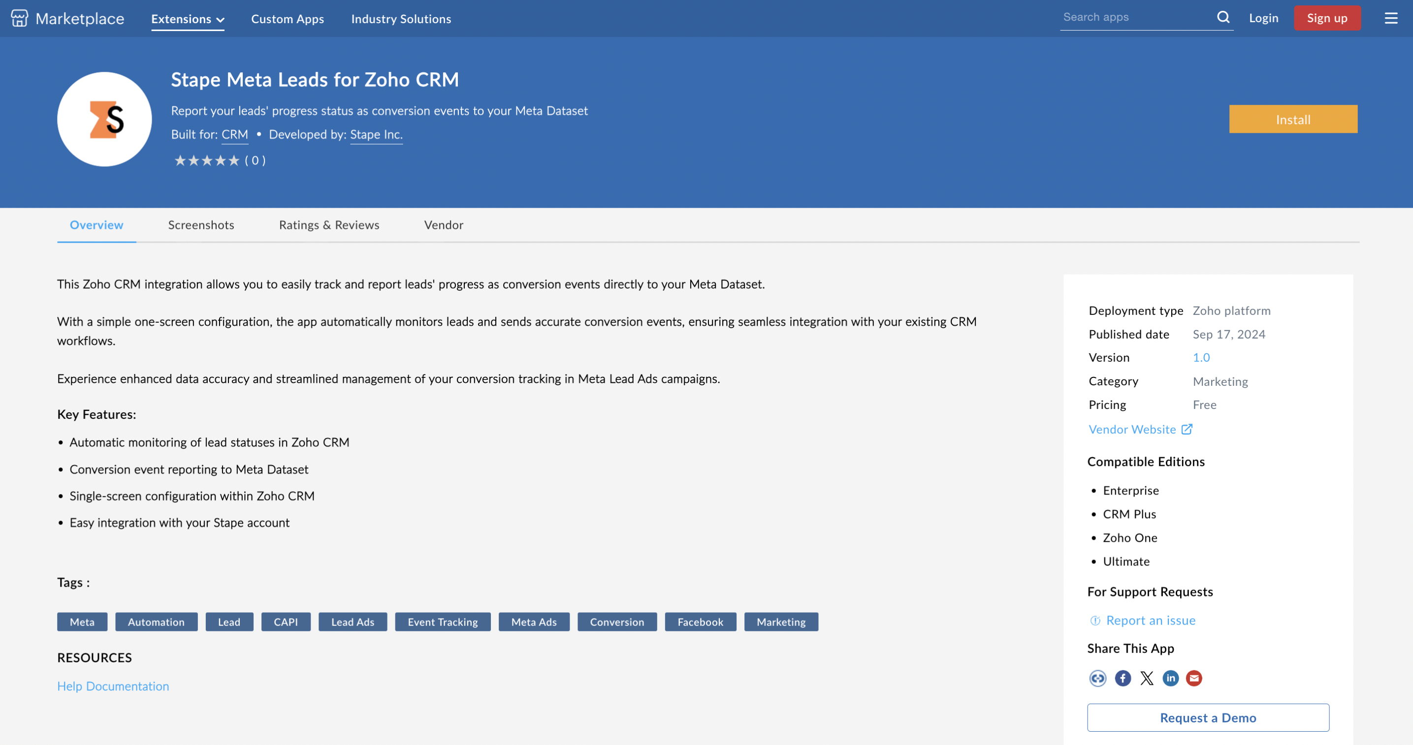 App on Zoho CRM marketplace