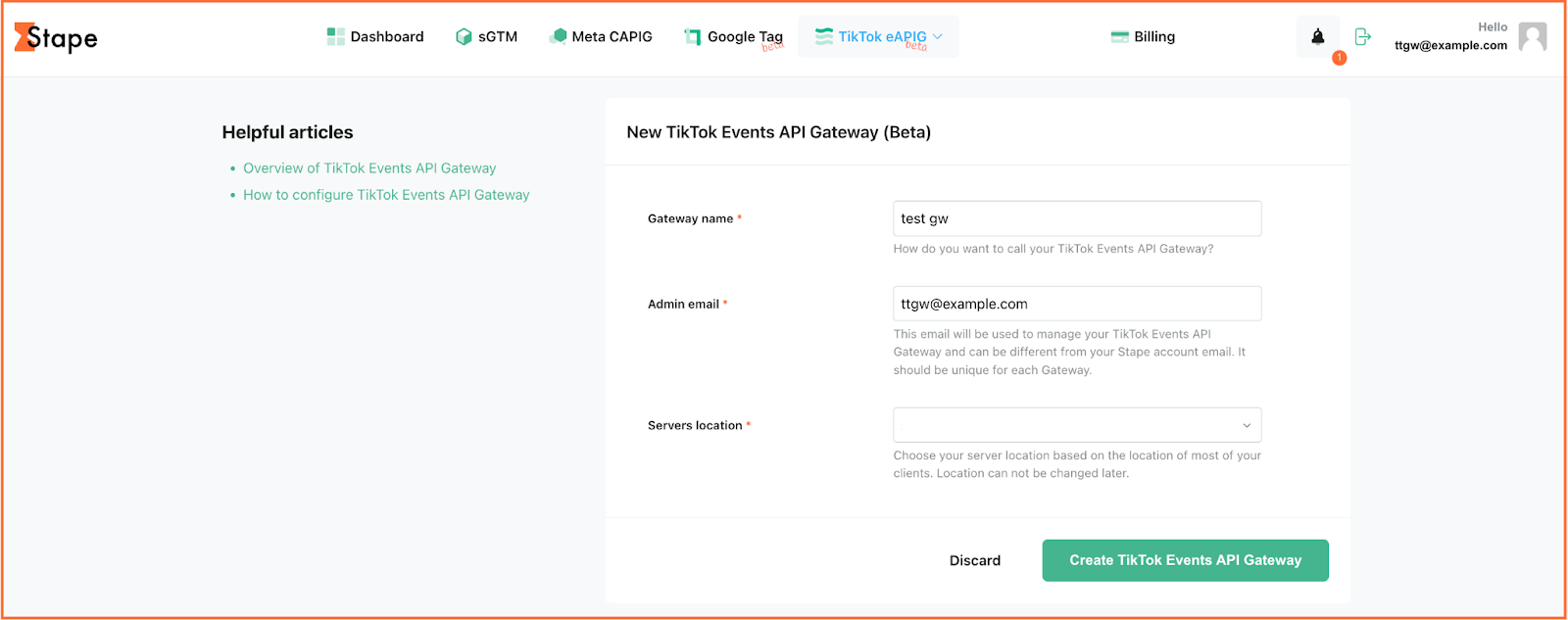 Create a TikTok Events API Gateway on Stape