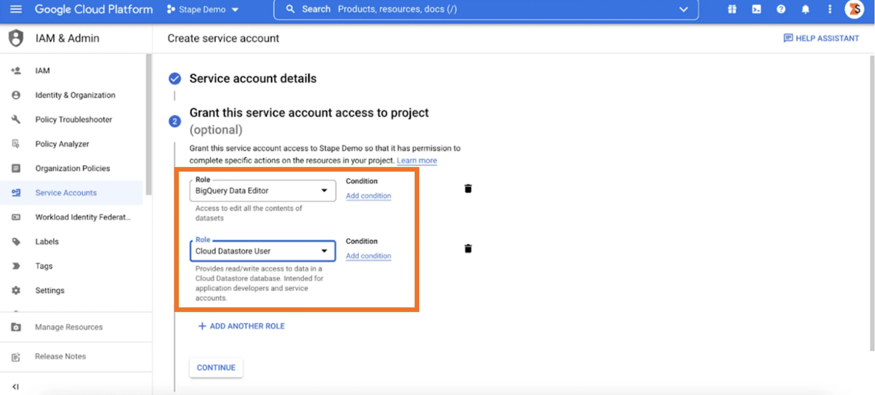 select Google service account roles