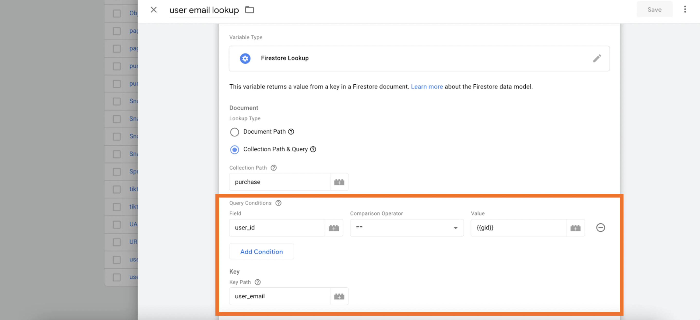 create the Firestore Lookup variable in sGTM