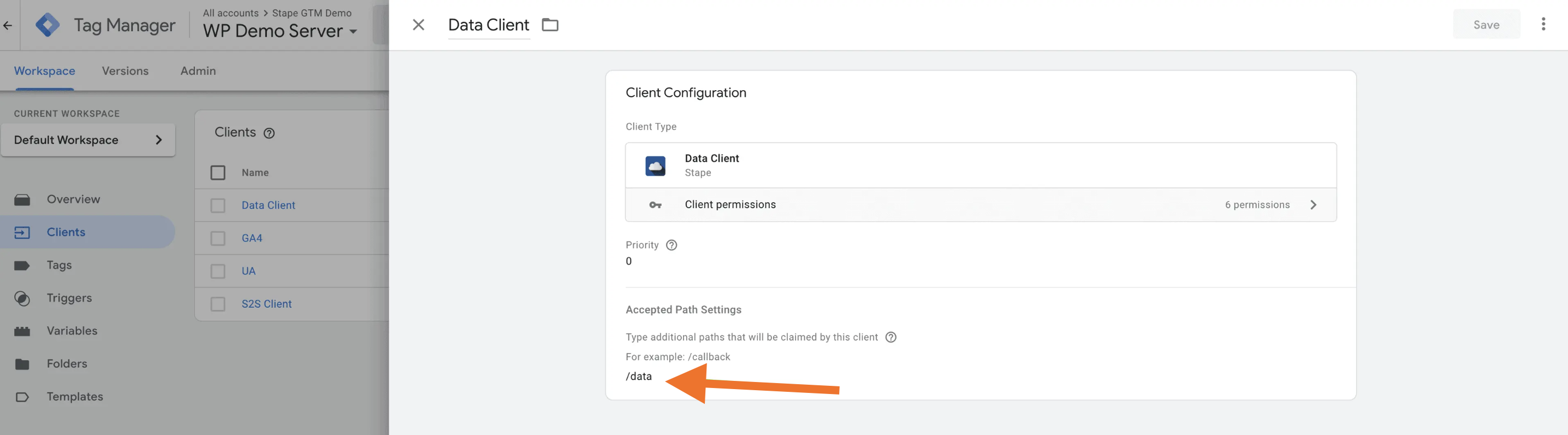 set up data client accepted path