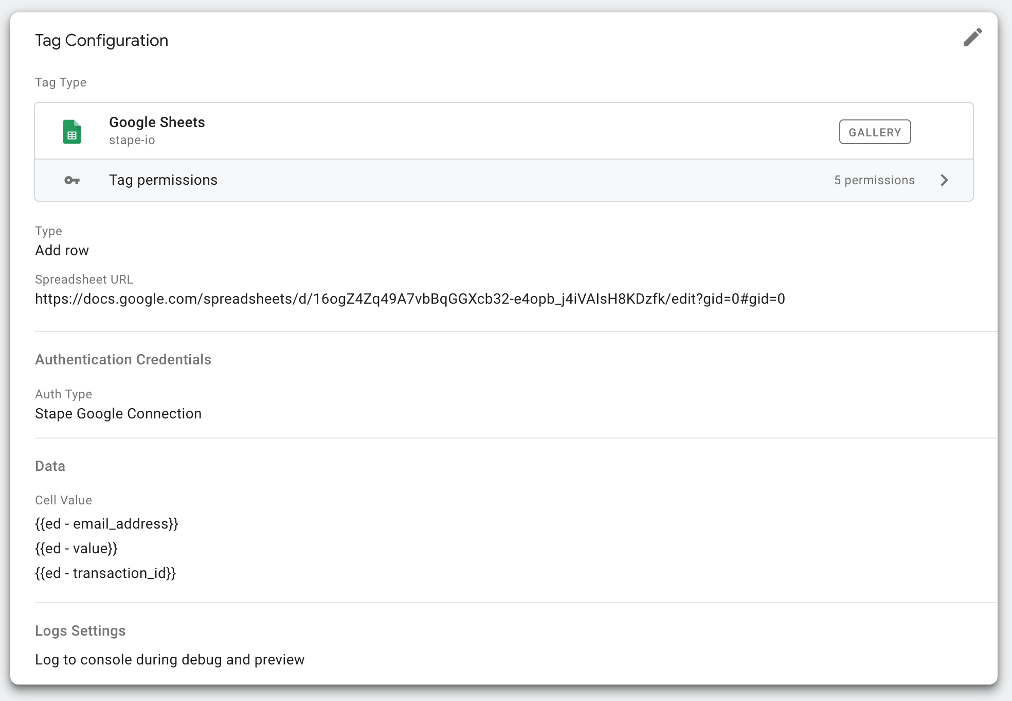 google sheets tag configuration