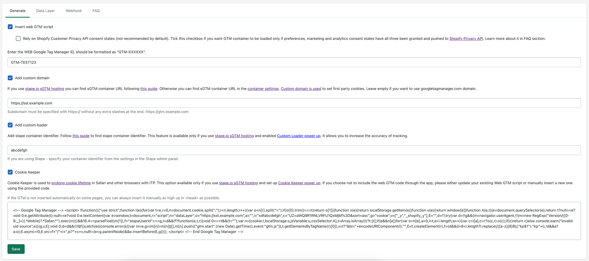 In the Generate tab are all the settings related to installing the GTM snippet on all pages of your Shopify shop