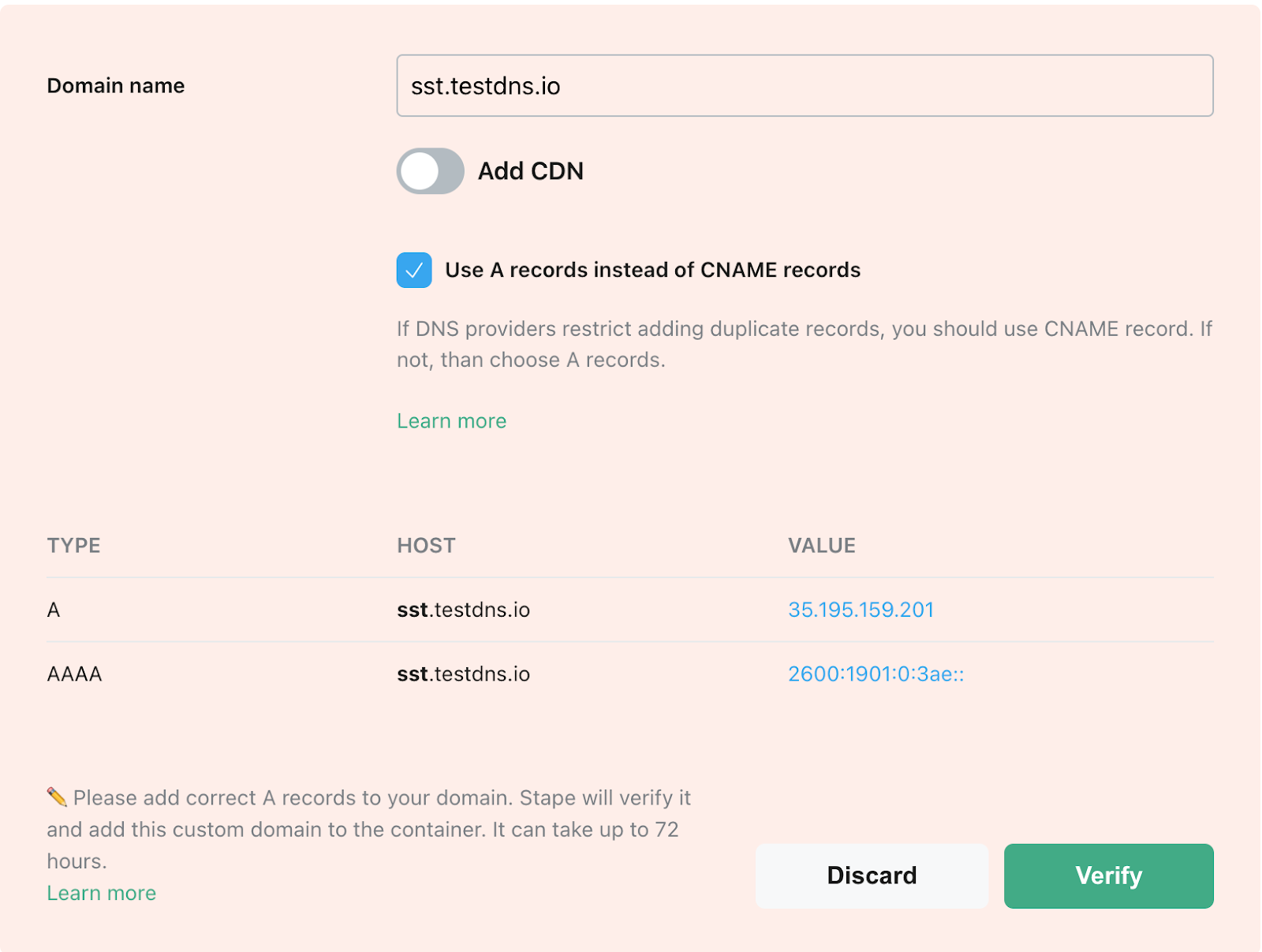 see DNS records that you should add inside your stape.io container.