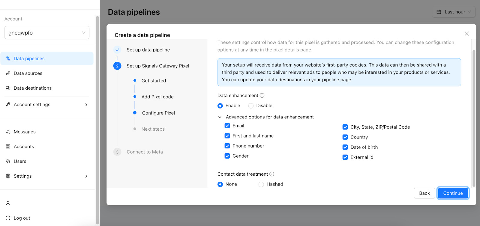 Choose to enable or disable Data enhancement and choose Contact data treatment.