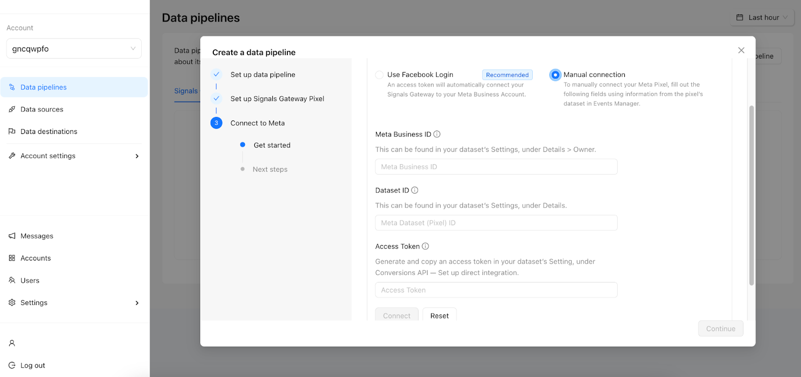 Or you can Manually connect your Meta Pixel by filling our the fields using the information from the pixel’s dataset in Events Manager.