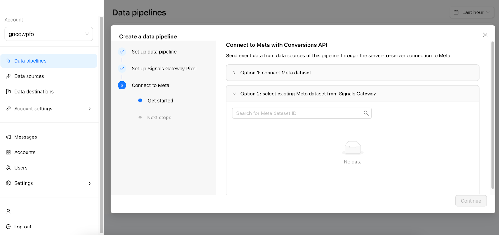 select existing Meta dataset from Signals Gateway.