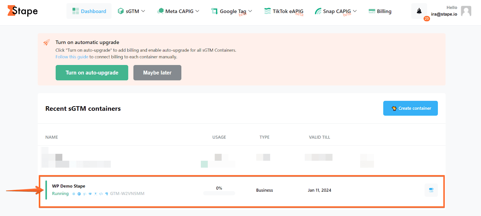 Select your sGTM container on the dashboard