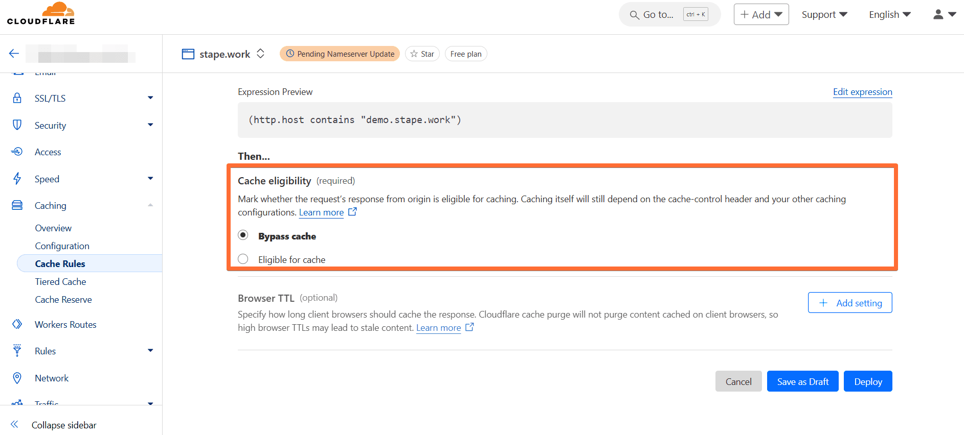 Scroll down to Cache eligibility and select Bypass cache