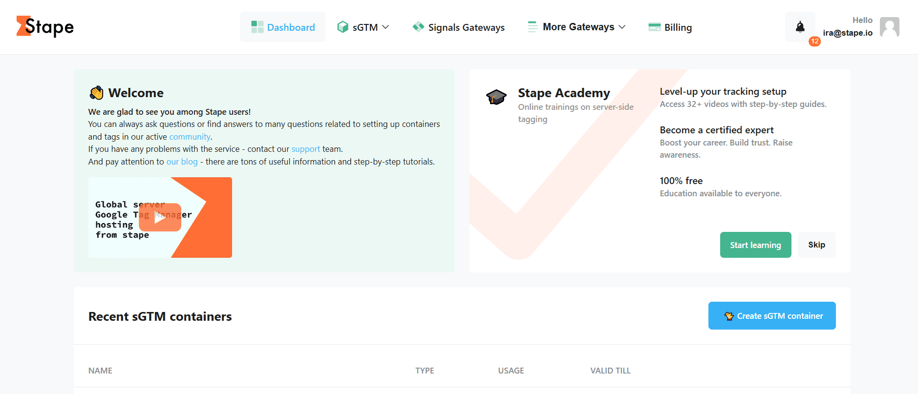 Standard account dashboard