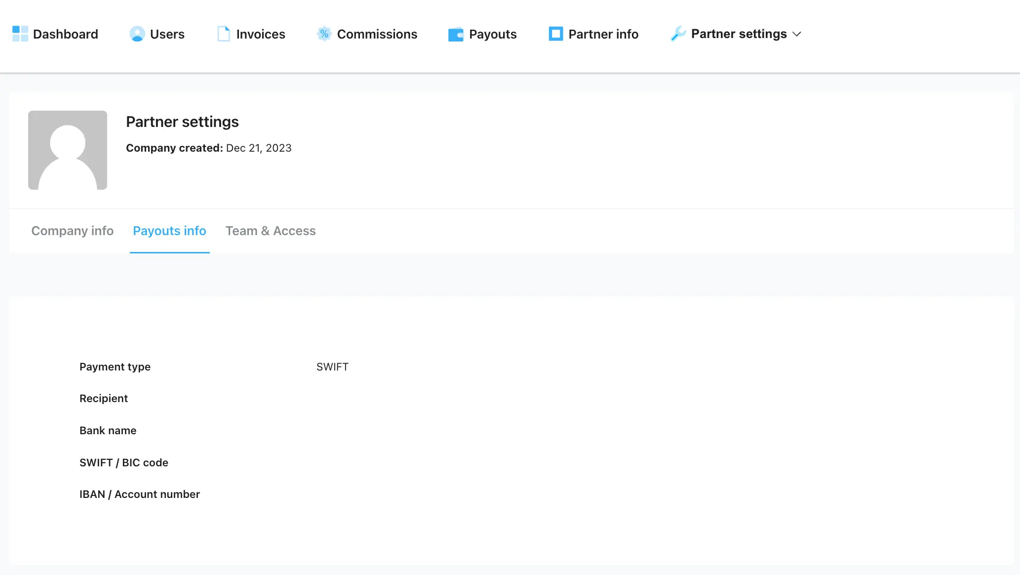 Payouts info menu