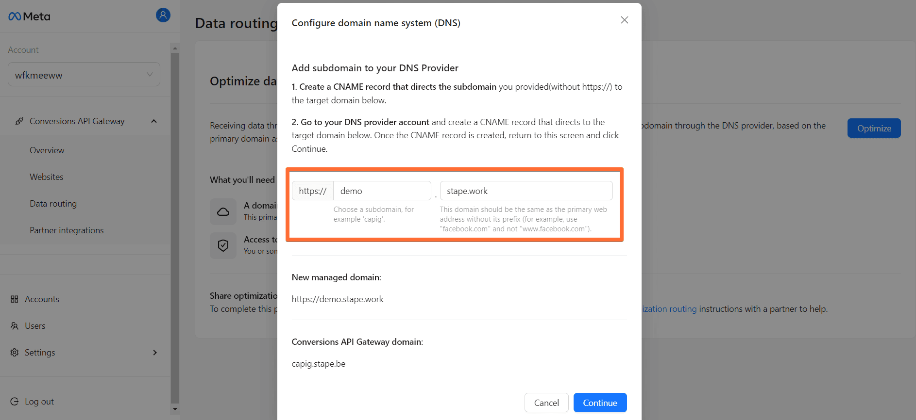 Configure domain name system (DNS) screen