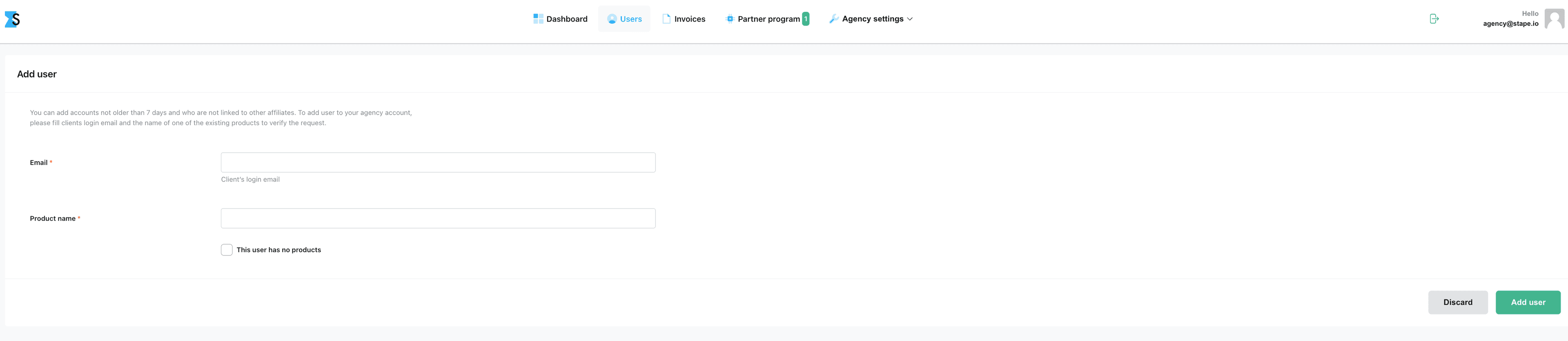 Enter client's login email and the name of one of the existing products&nbsp;