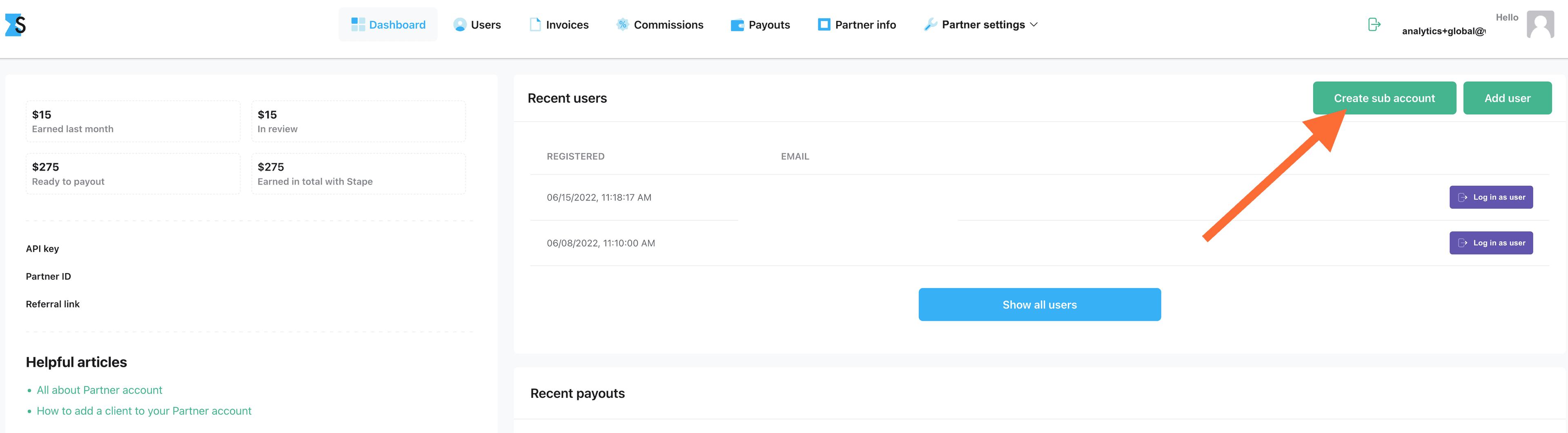 Click Create sub account to create Stape account for the user&nbsp;