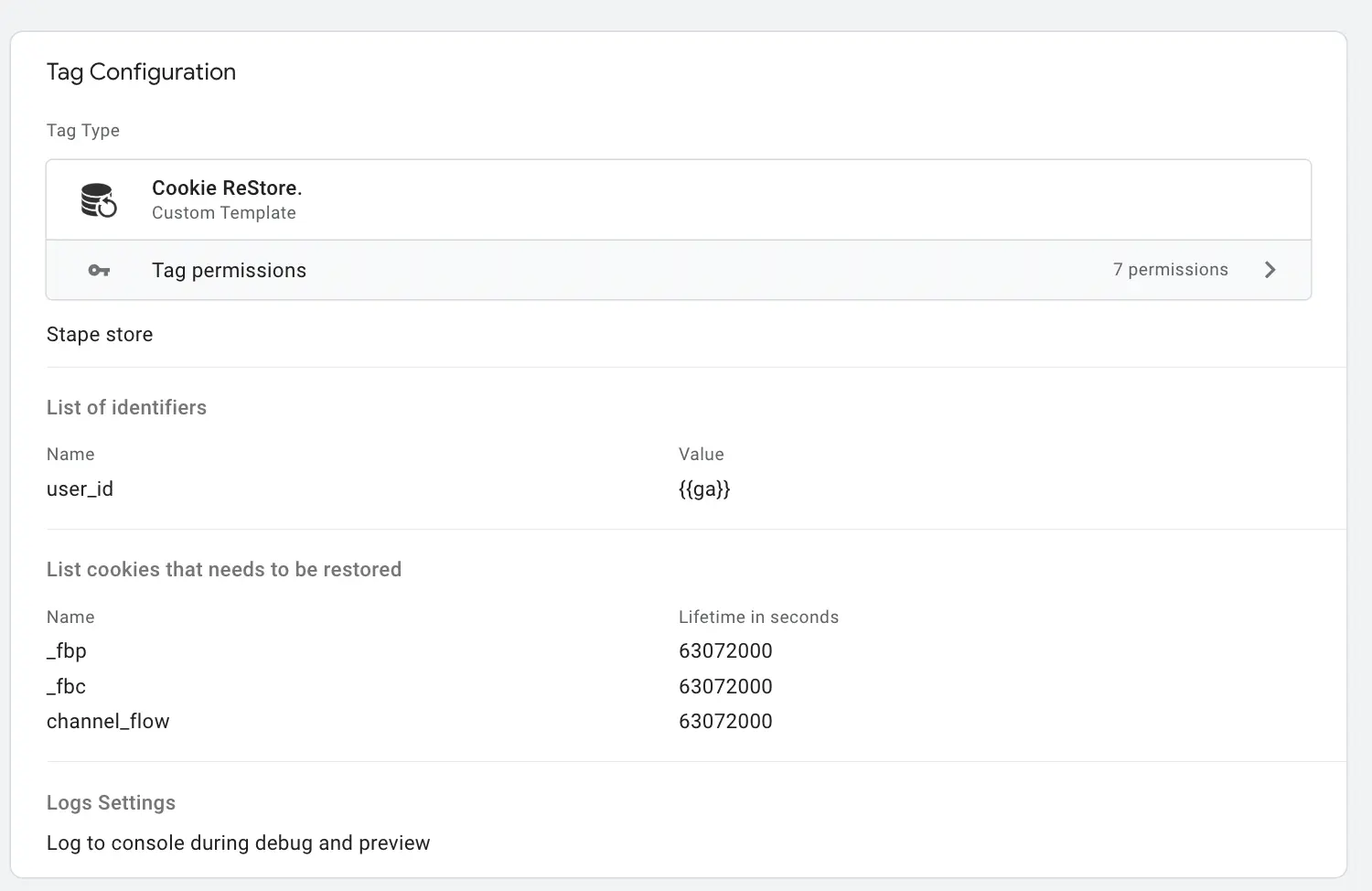 reStore tag with Stape Store configuration