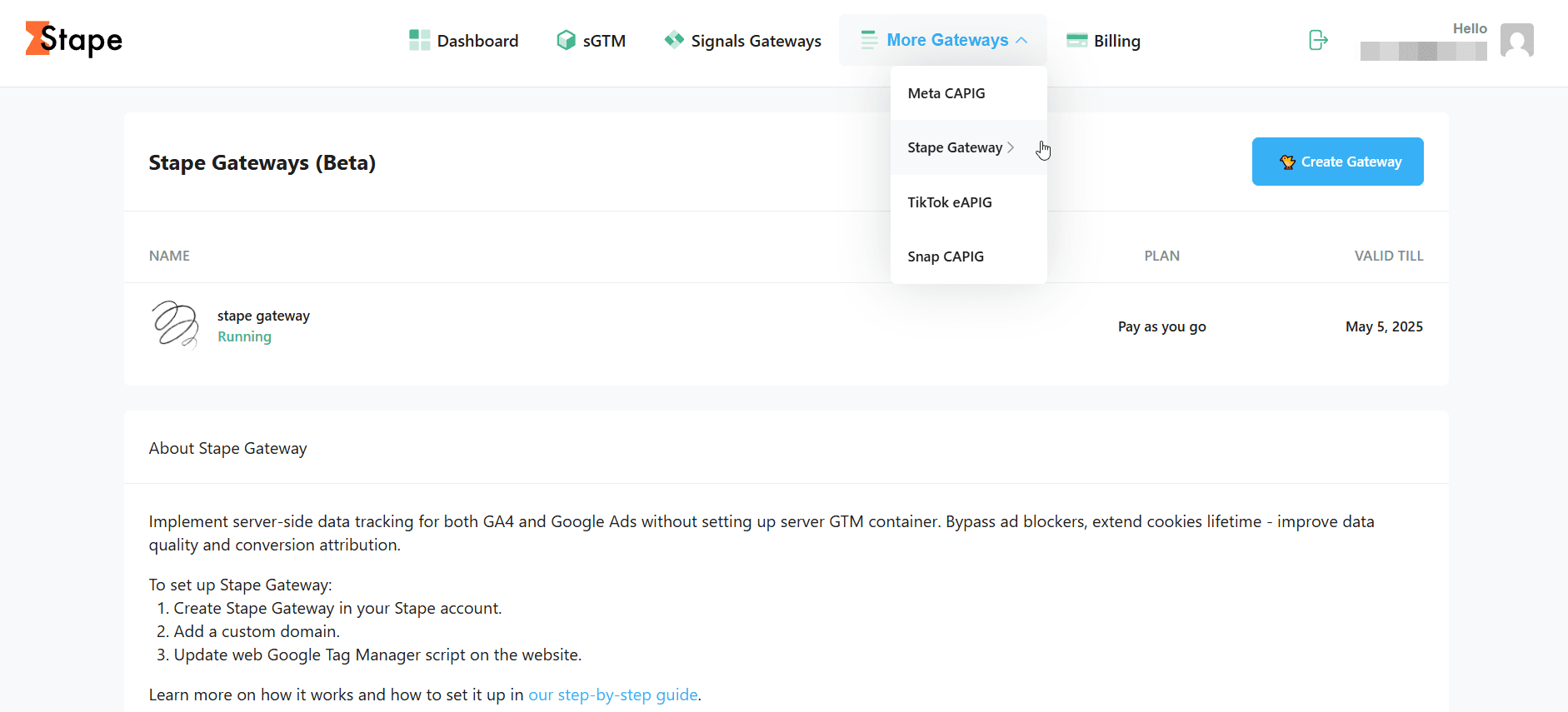 Stape Gateway screen