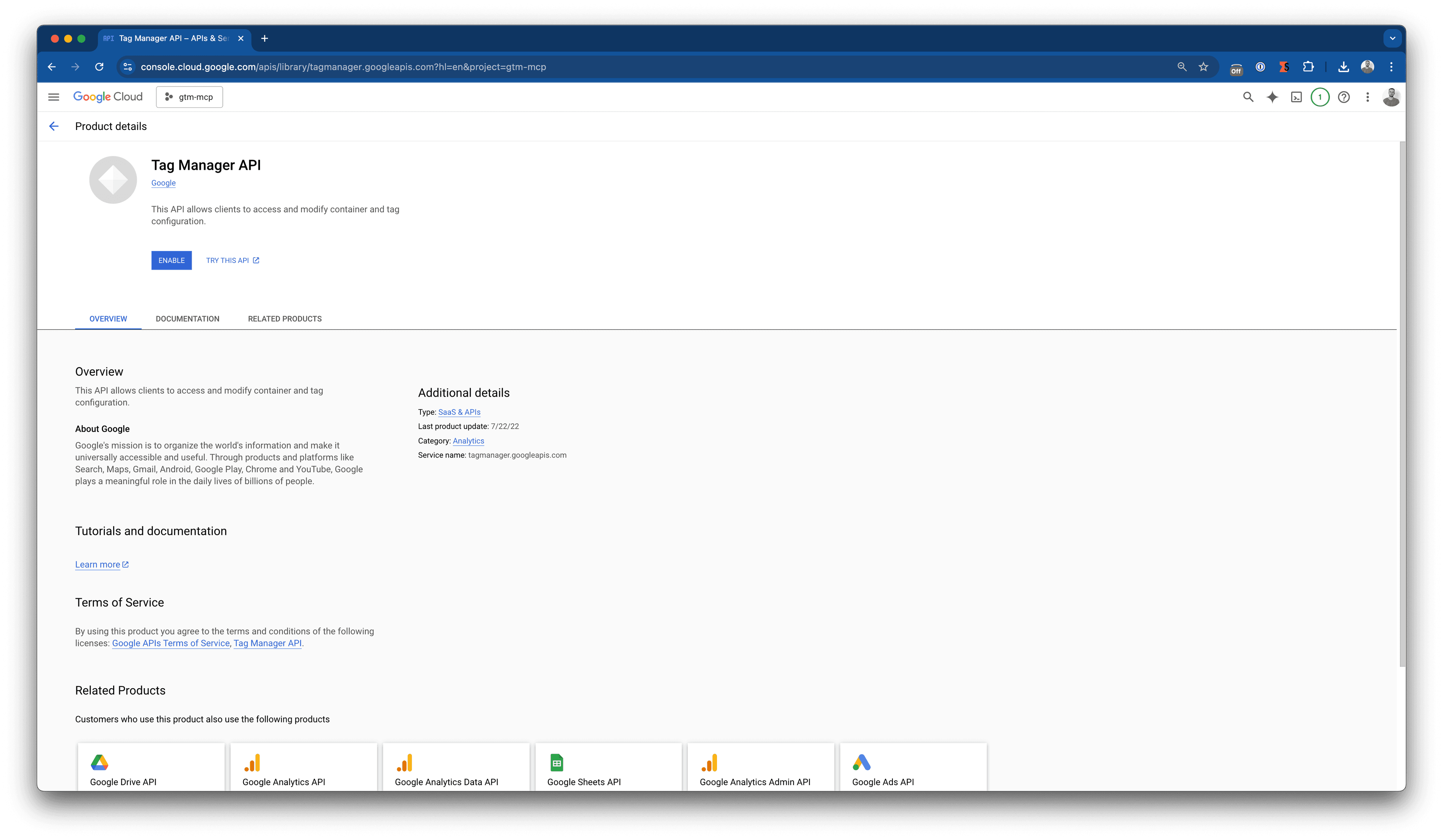 Enable GTM API
