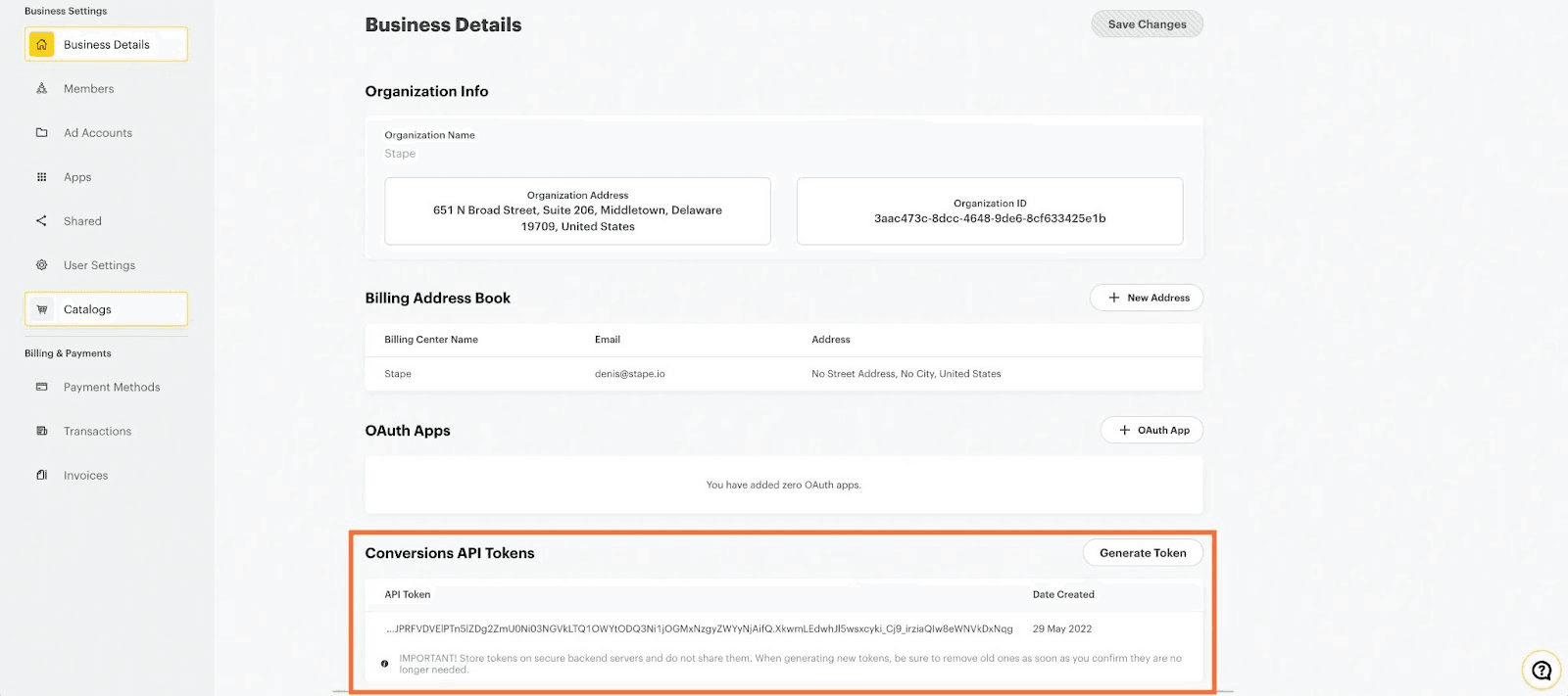 Generating Token in the Conversions API Tokens section