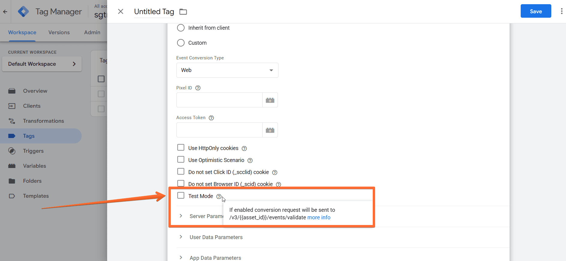 Enabling Test Mode in Snap tag configurations
