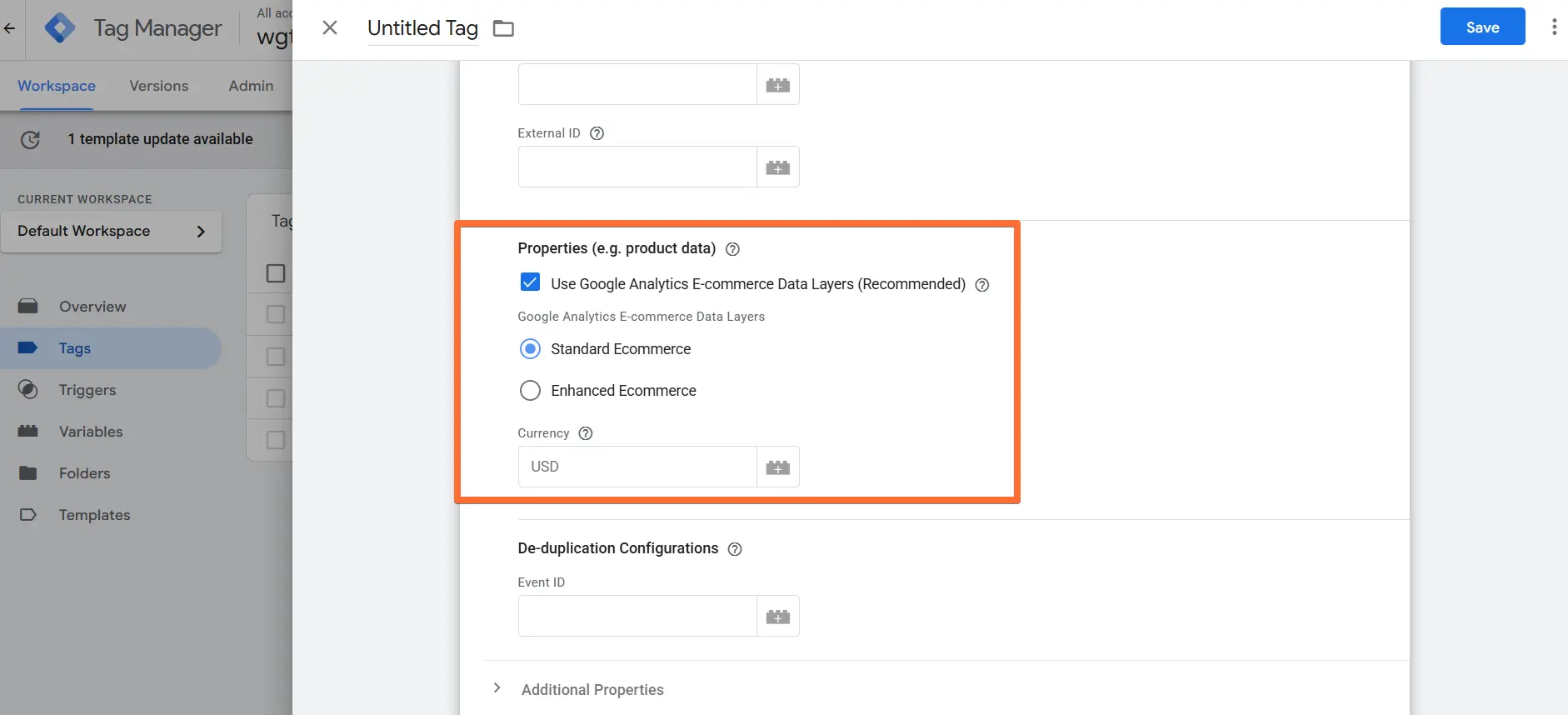 Properties (product data) section