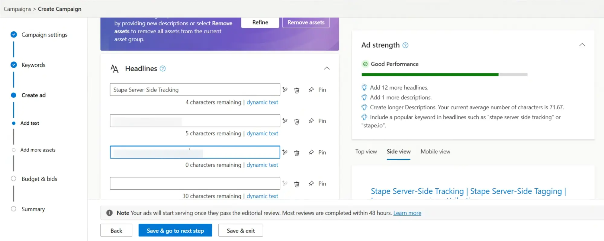 Add headlines to the Microsoft ad