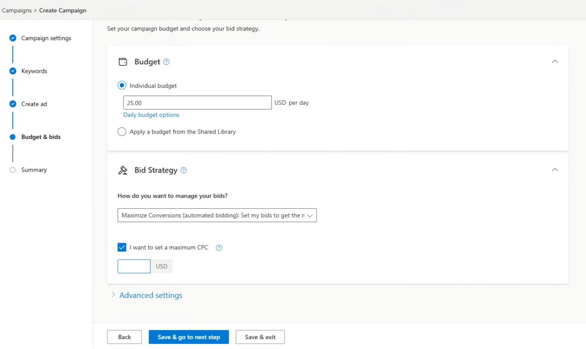 Set the budget and bidding in Microsoft Ads