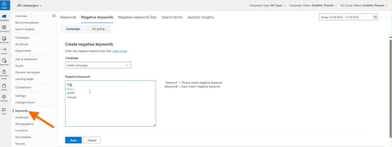 Negative keywords in Microsoft Ads
