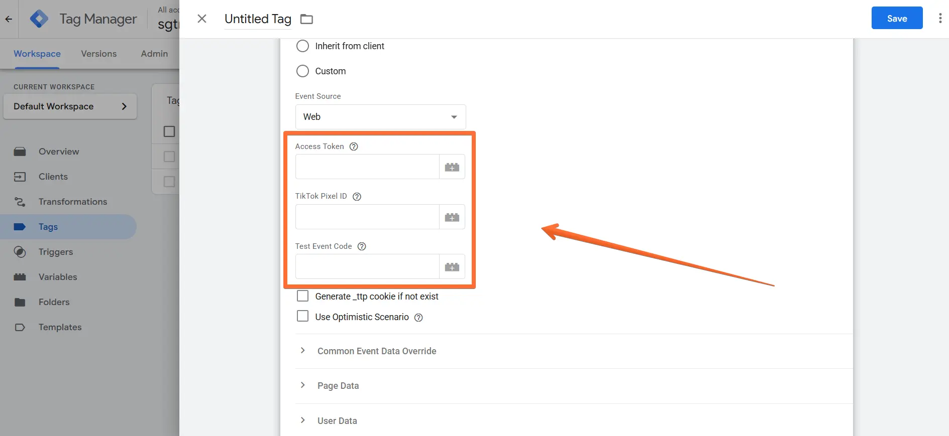 Add TikTok API Access Token, TikTok Pixel ID and Test Event Code  