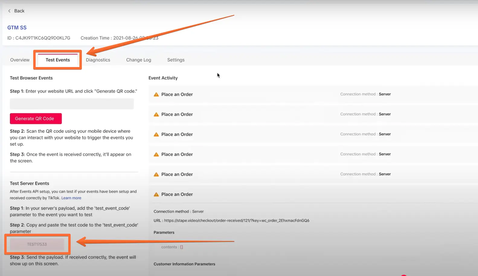 Copy the TEST parameter on the Test Events tab