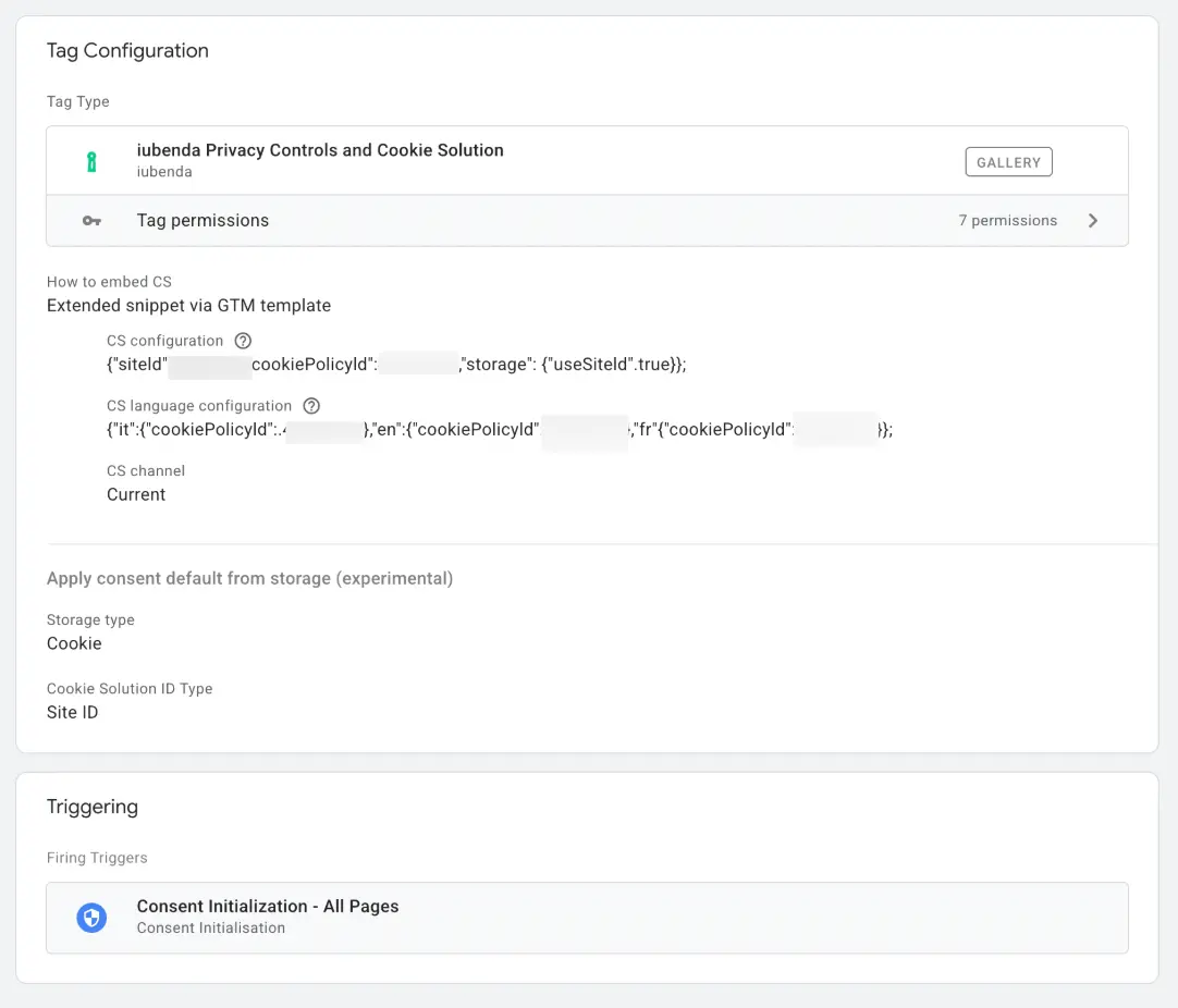 Iubenda tag configured