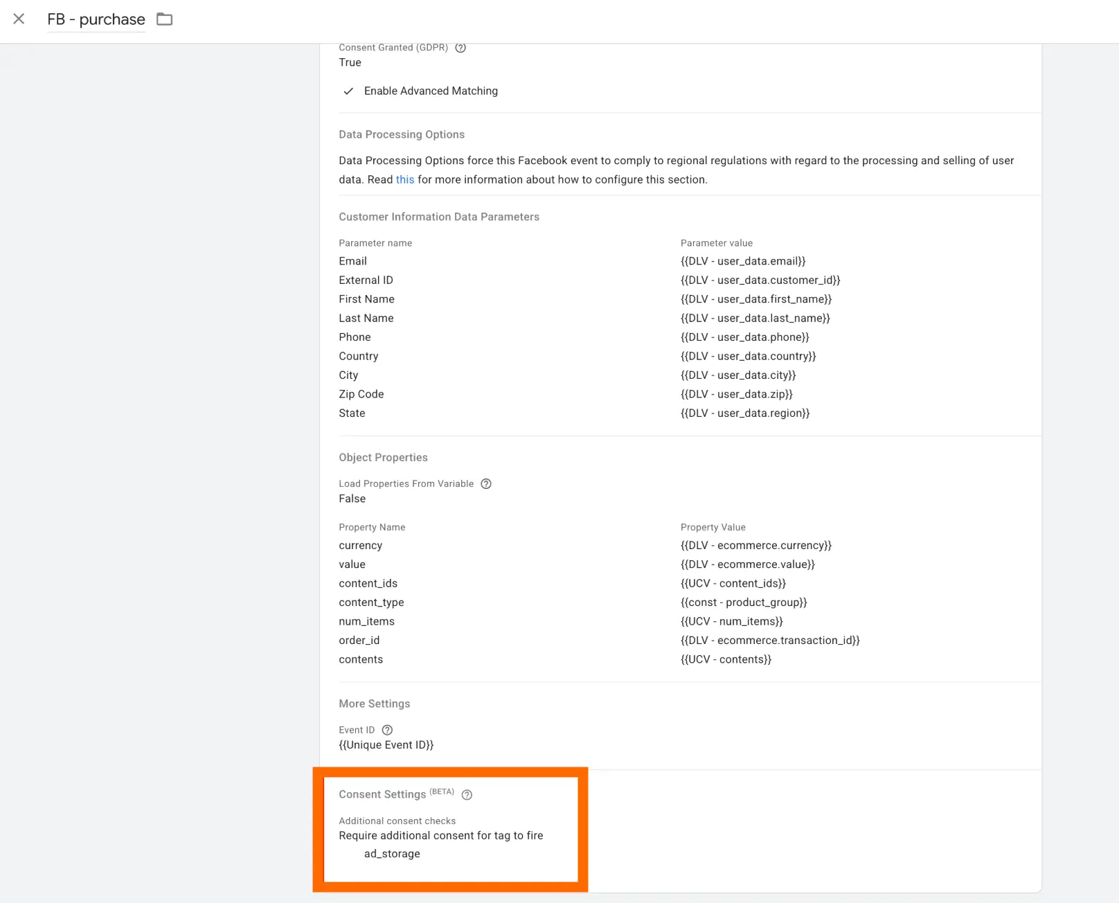 Consent settings in FB tag