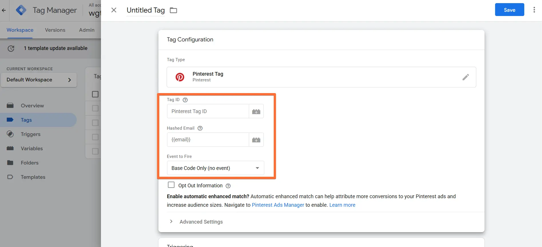 Configure Pinterest tag for the Base code event