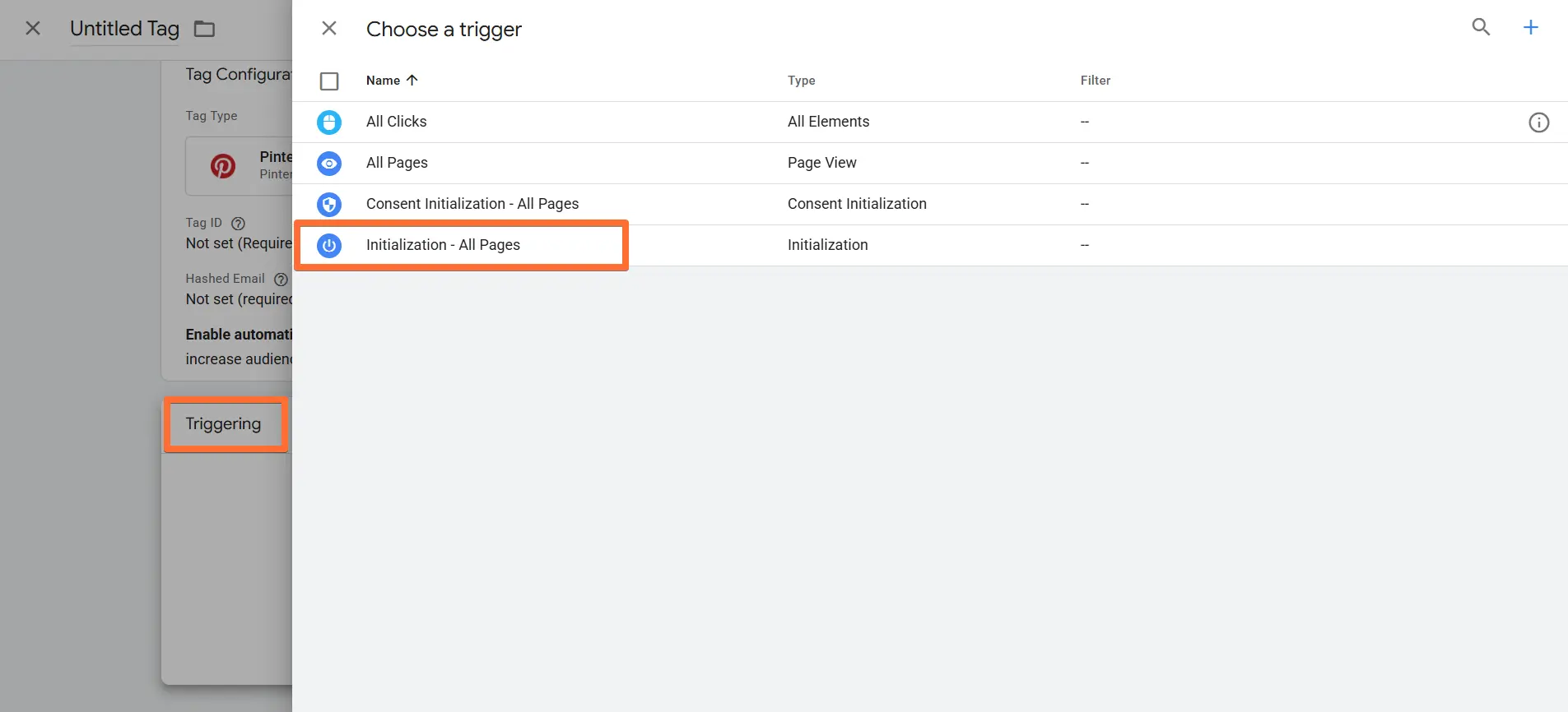 Configuring the tag to trigger on Initialization