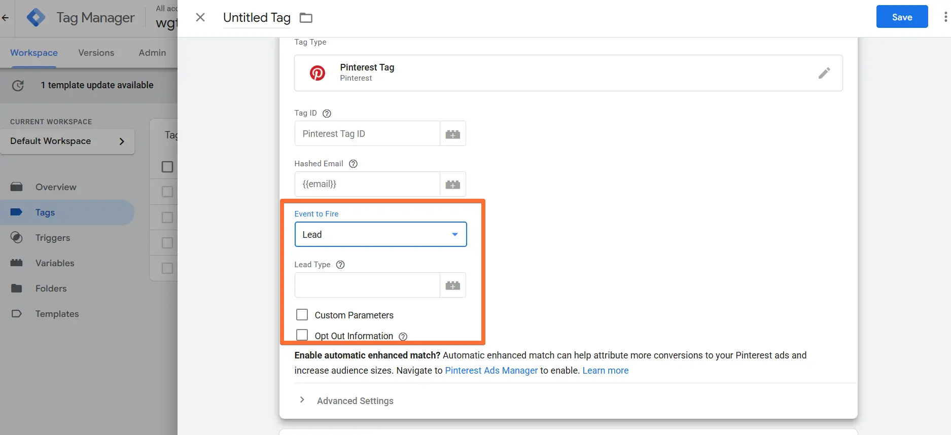 Configuring Pinterest tag for events that you need to track