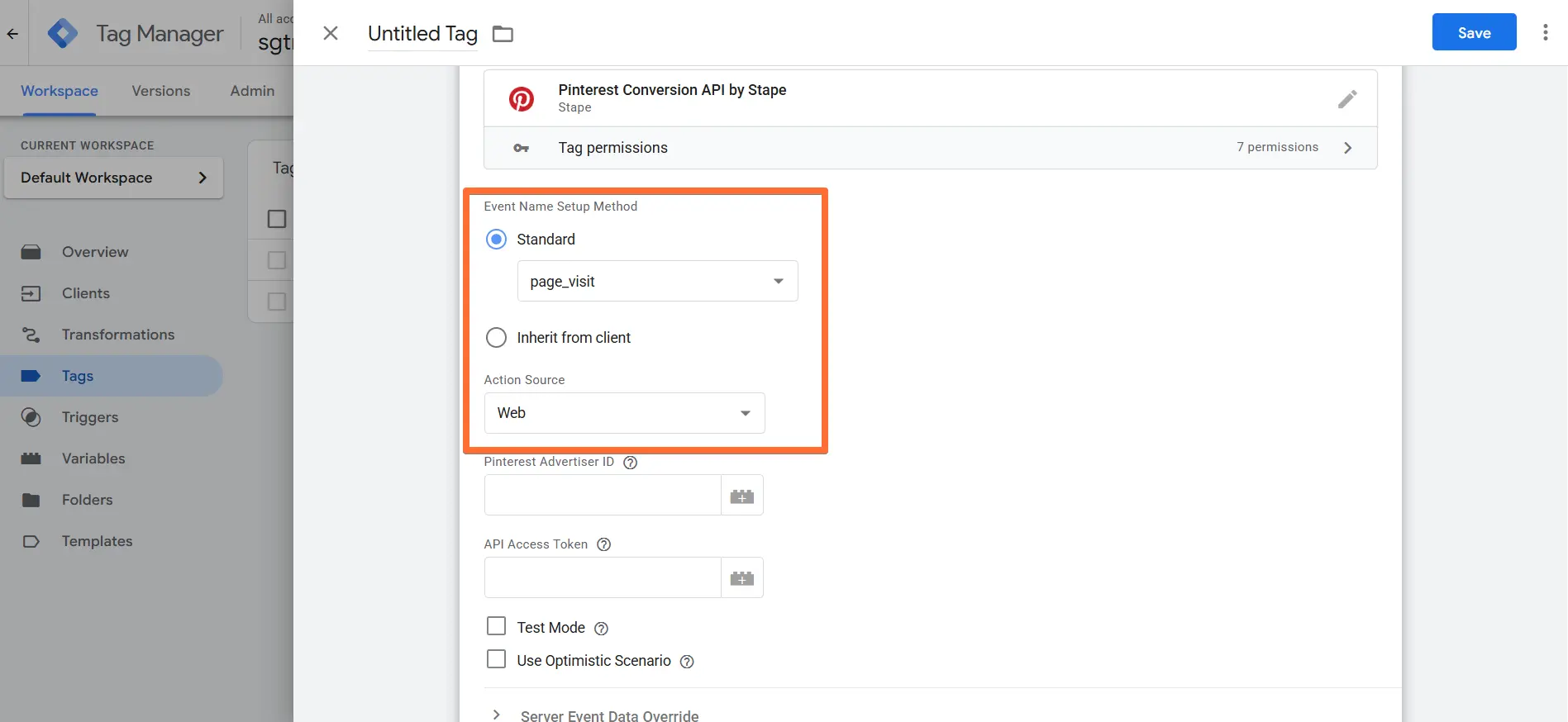 Select Action Source and Event Name Setup Method