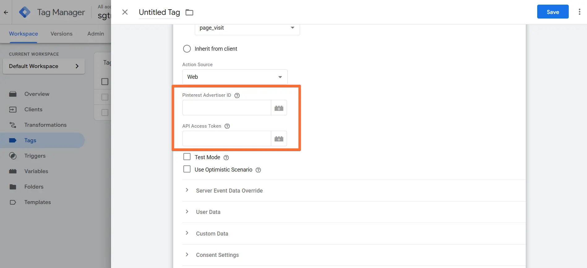 Entering Pinterest Advertiser ID and API Access Token