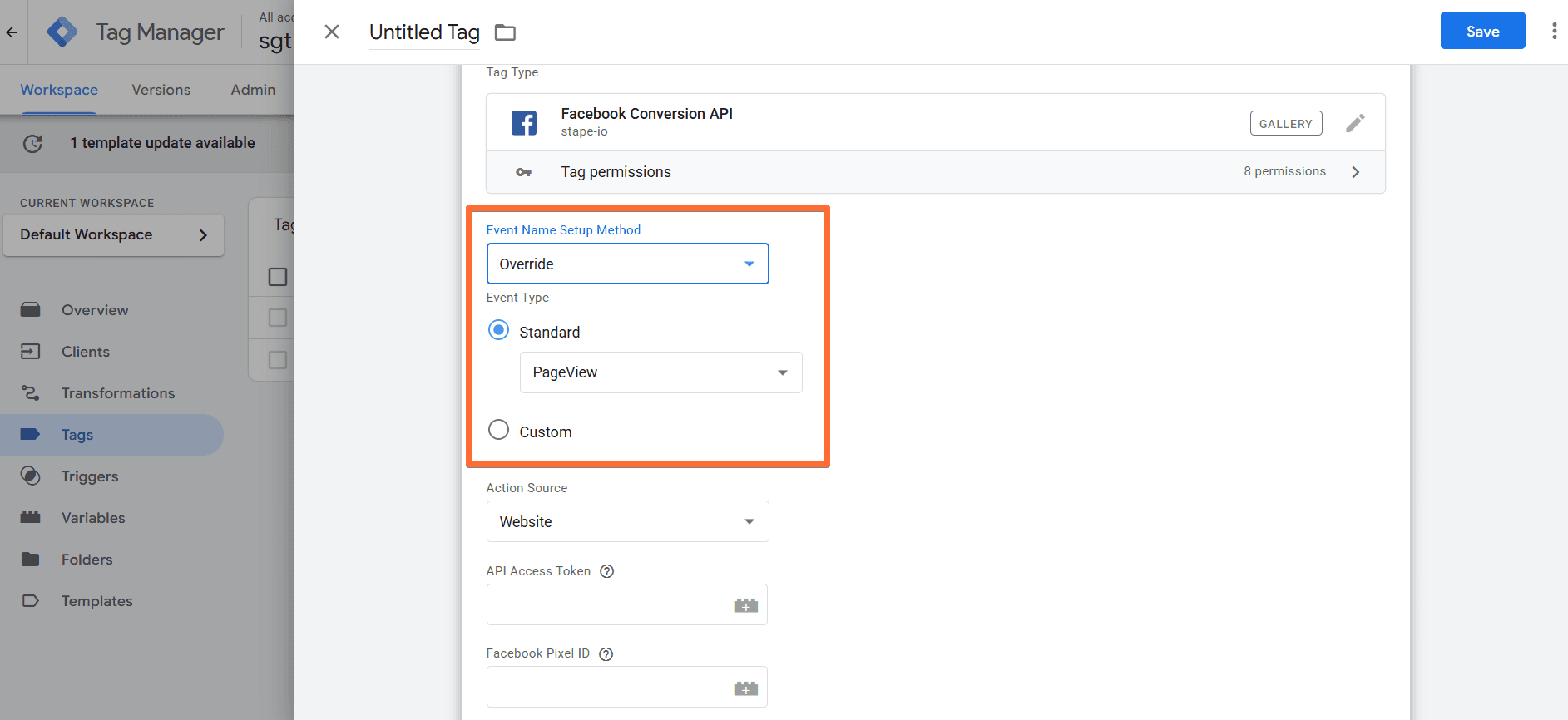 Options for configuring the Event Name Setup Method