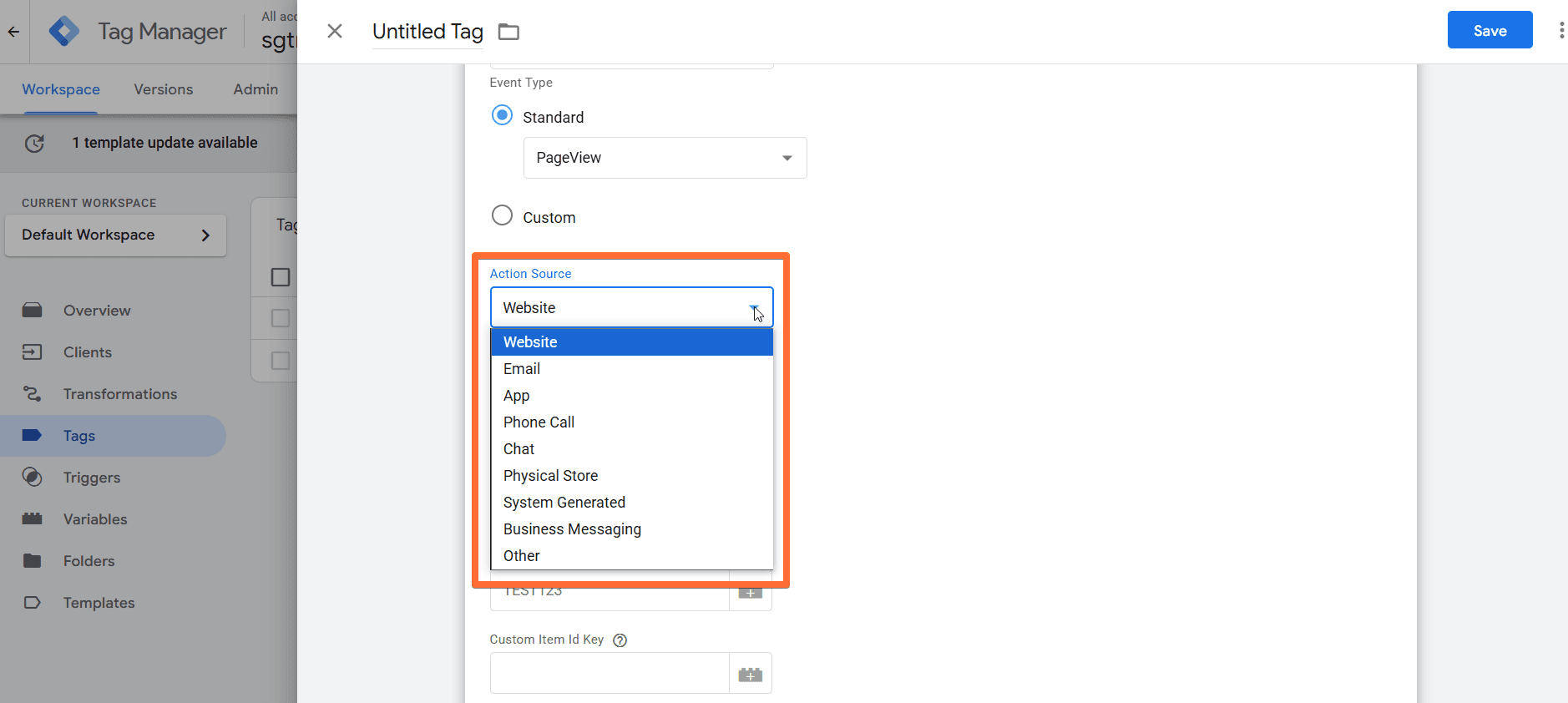 Action Source options