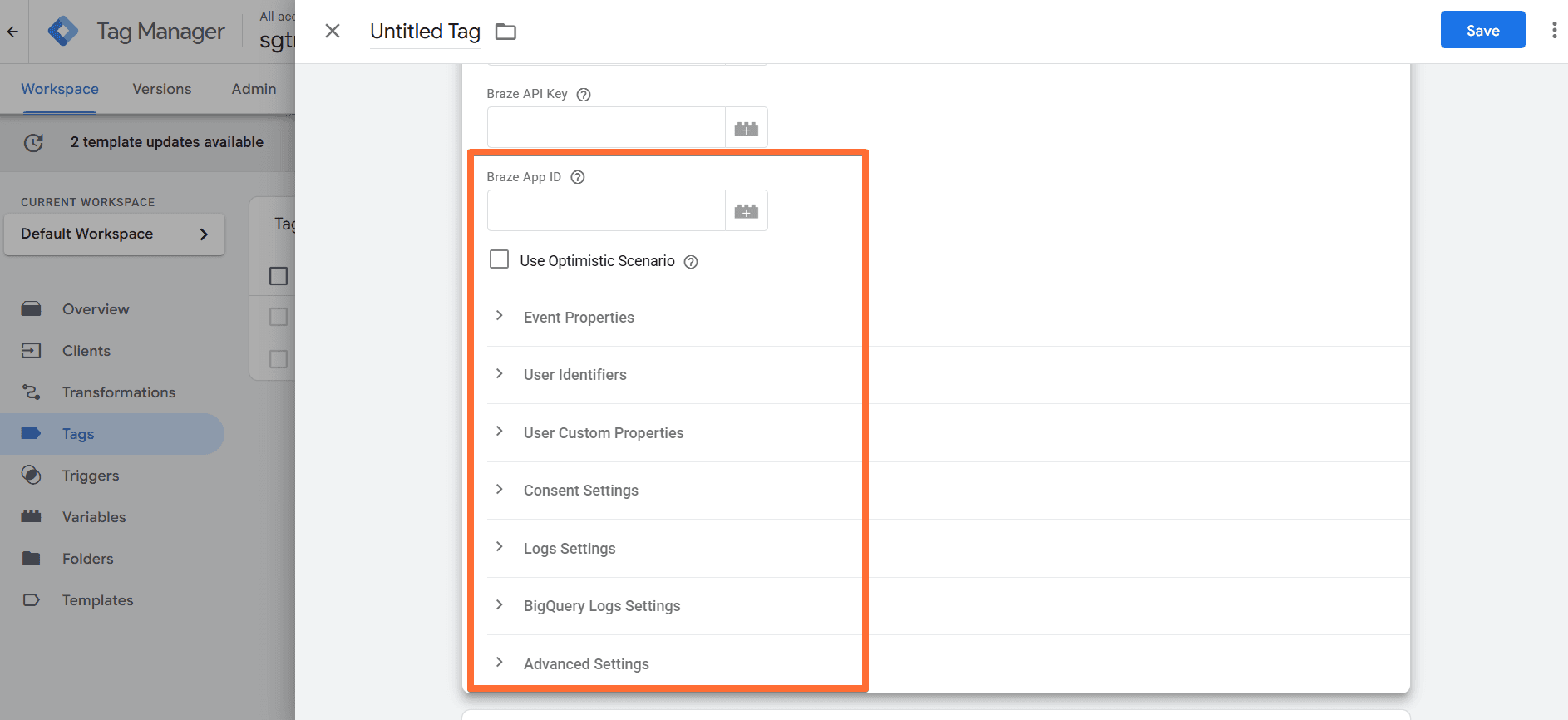 Braze tag's optional configurations