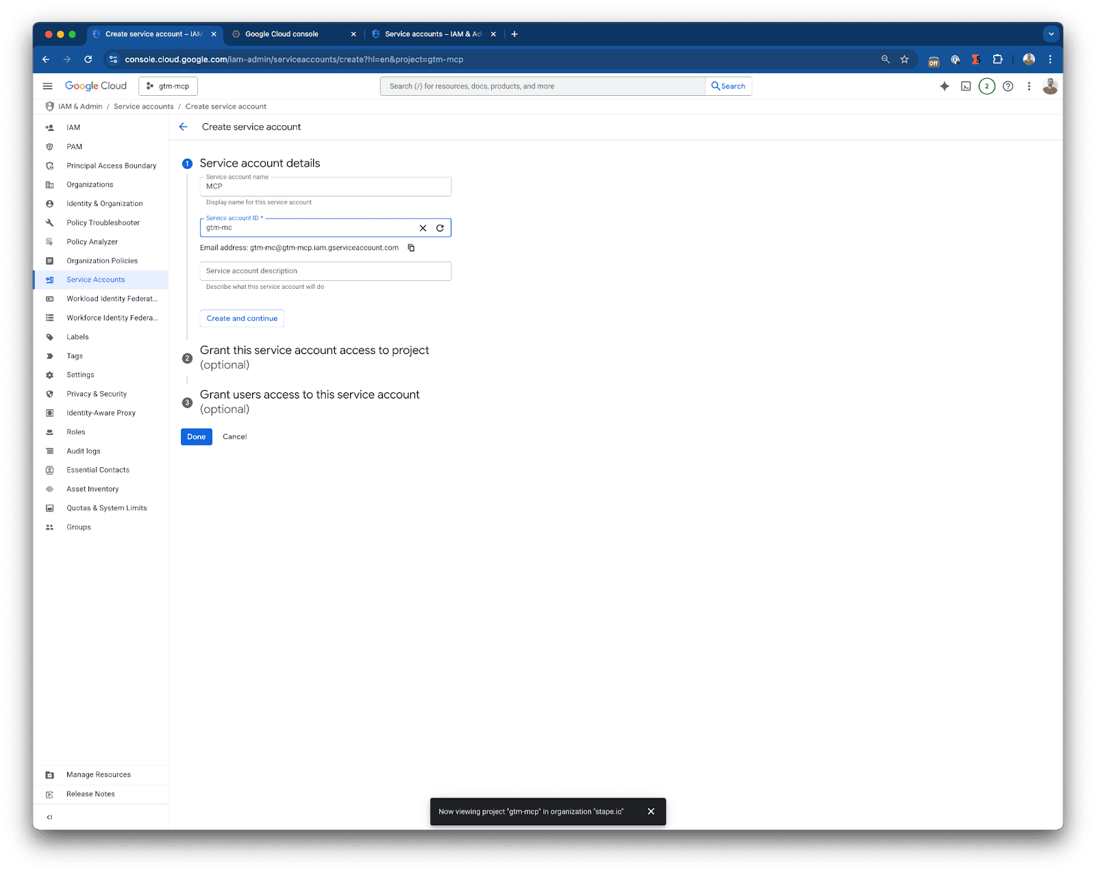 Crie uma conta de serviço no Google Cloud