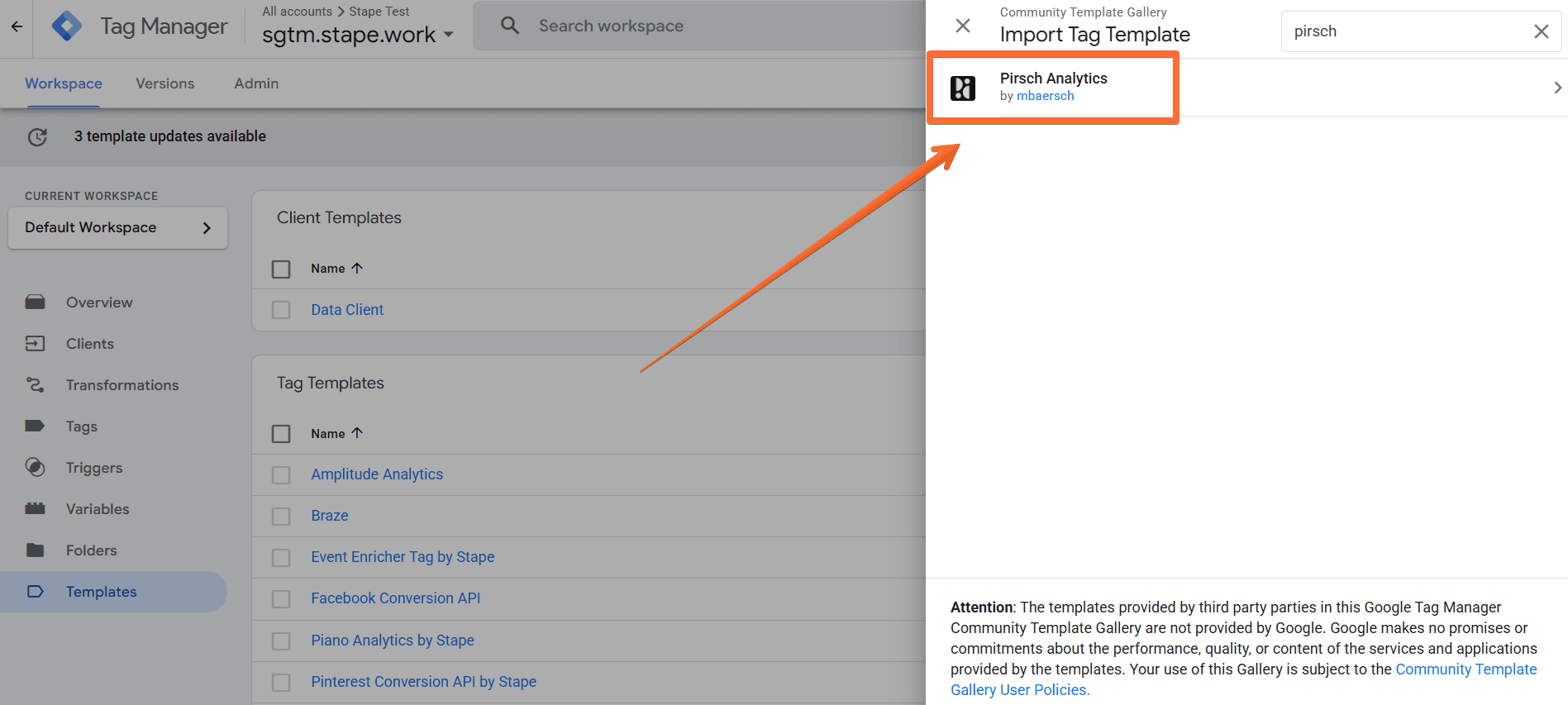 Search for the Pirsch Analytics tag template