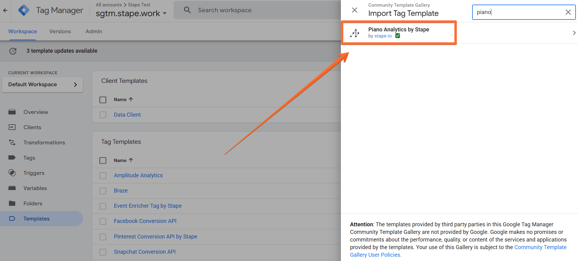 Add the Piano Analytics tag&nbsp;template&nbsp;&nbsp;