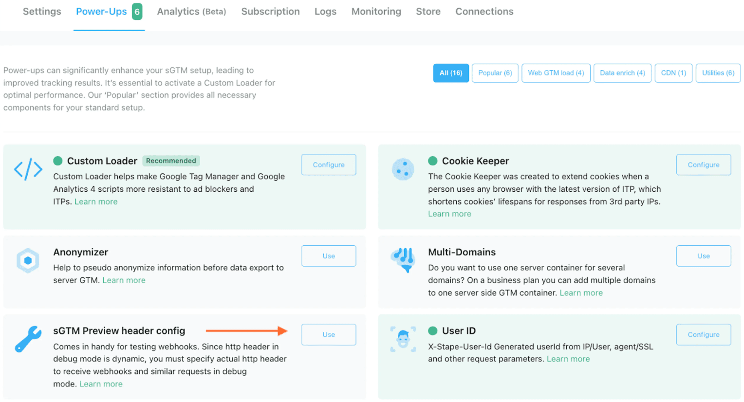 Clique em "Usar configuração do cabeçalho de visualização do sGTM"