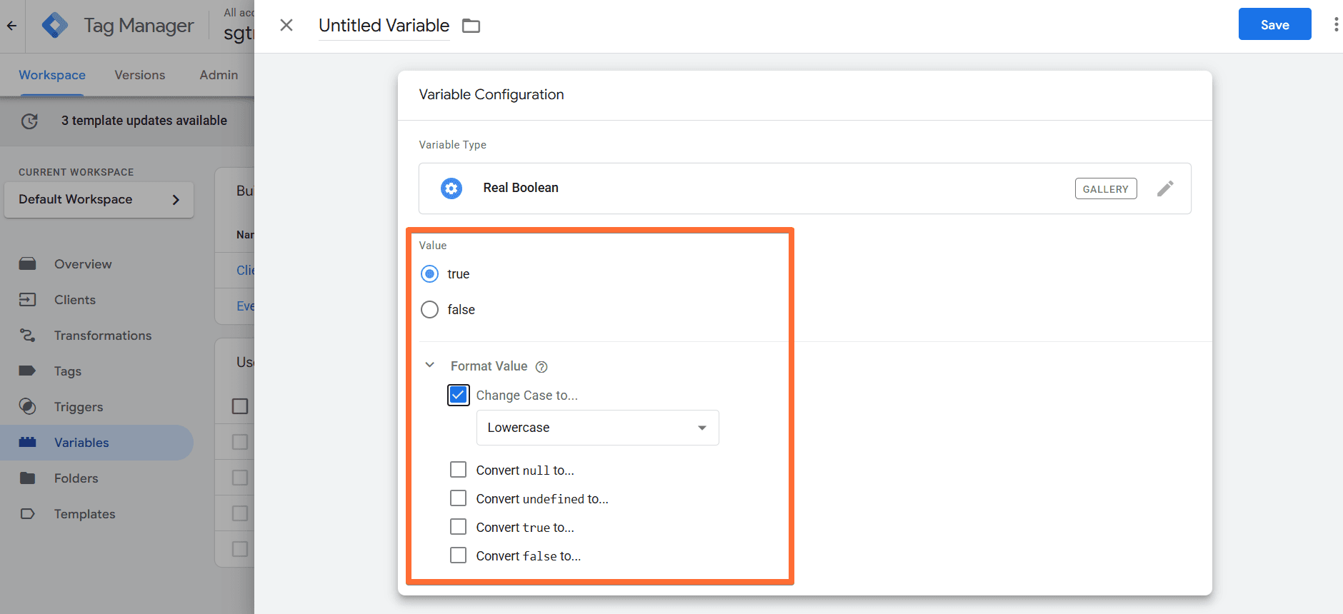 Configuring the Real Boolean variable