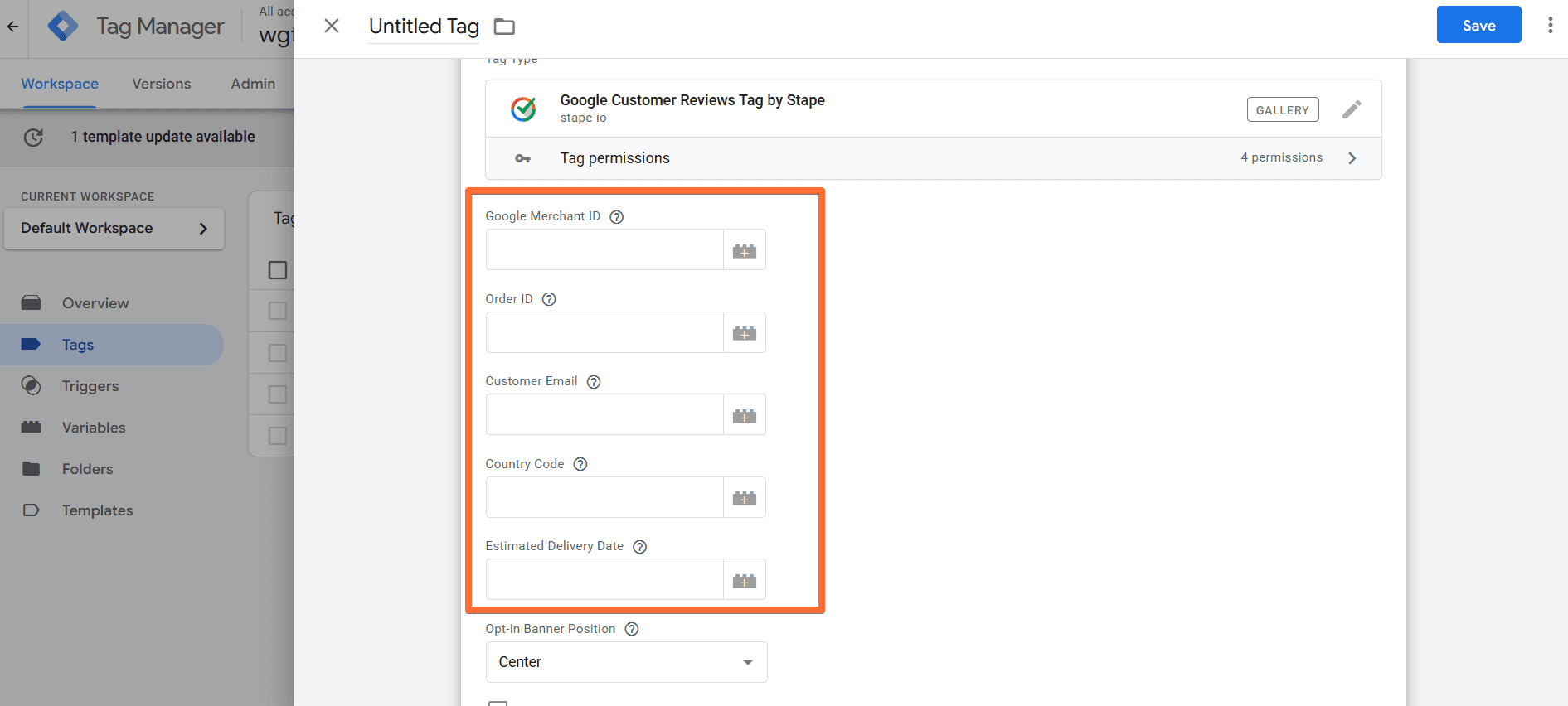 Google Customer Reviews tag core configs
