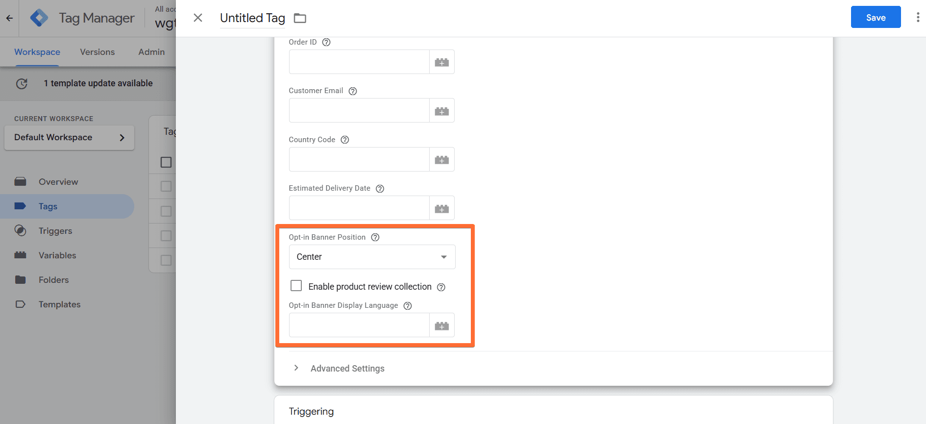 Optional settings of the tag
