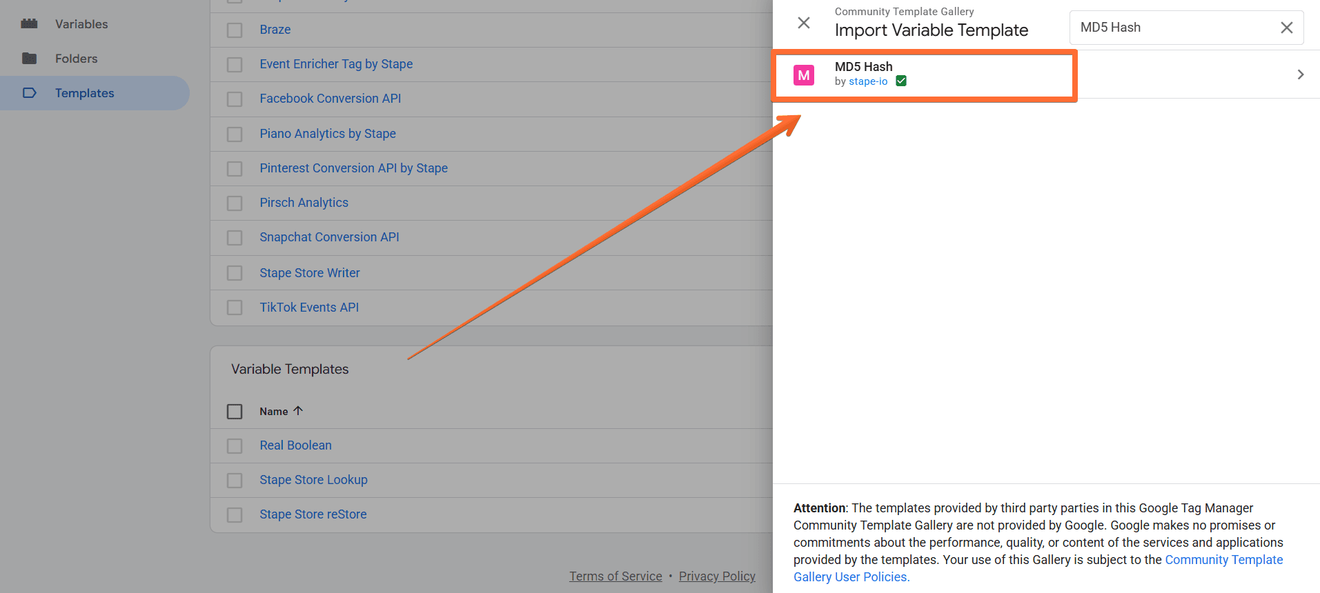 Search for the MD5 Hash variable by Stape