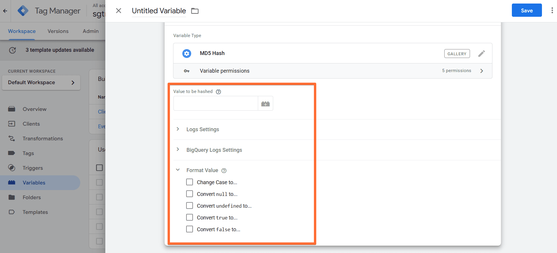 Configure the MD5 Hash variable