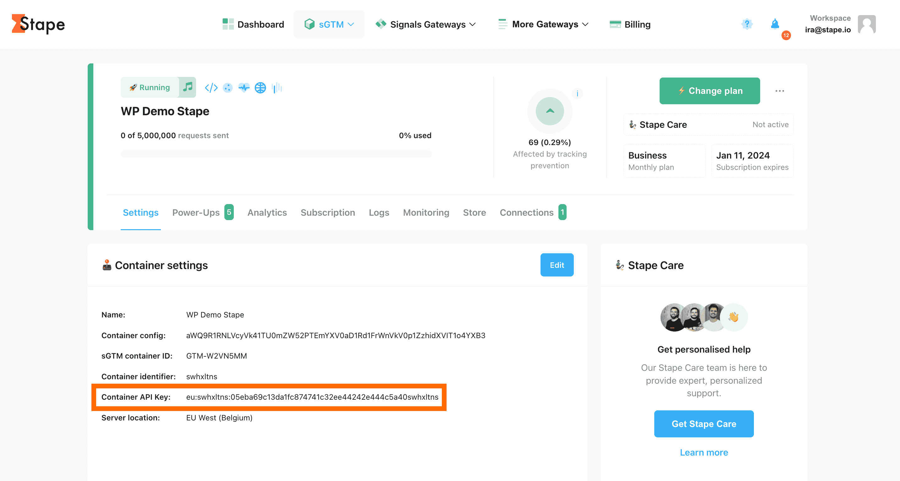 Stape container API Key